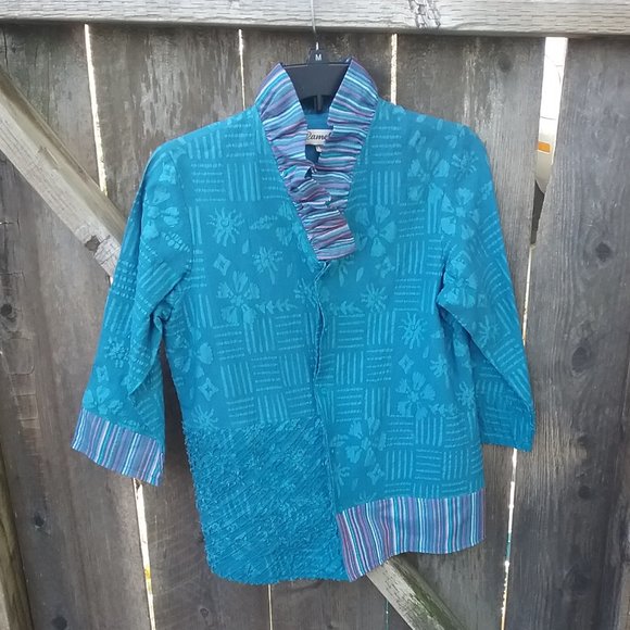 Blue Mixed Print/Patchwork Ruffled Collar Jacket/Shacket Wearable Art Artsy - Picture 1 of 13